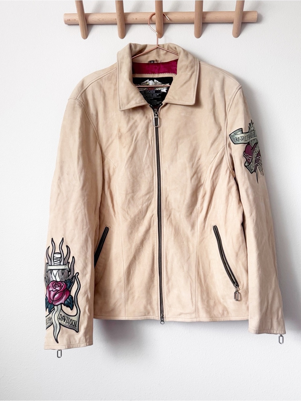 Harley-Davidson Beige Leather Jacket with Rose & Graphic Sleeve Art